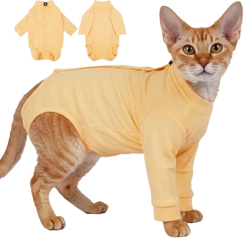 T'CHAQUE Cat Surgery Recovery Suit, Anti-Licking Onesie for Post-Spay/Neuter Abdominal Wound, Cat Recovery Suit with Adjustable Drawstring Collar - Long Sleeve Kitten Surgical Onesie, Orange, S - Image 1